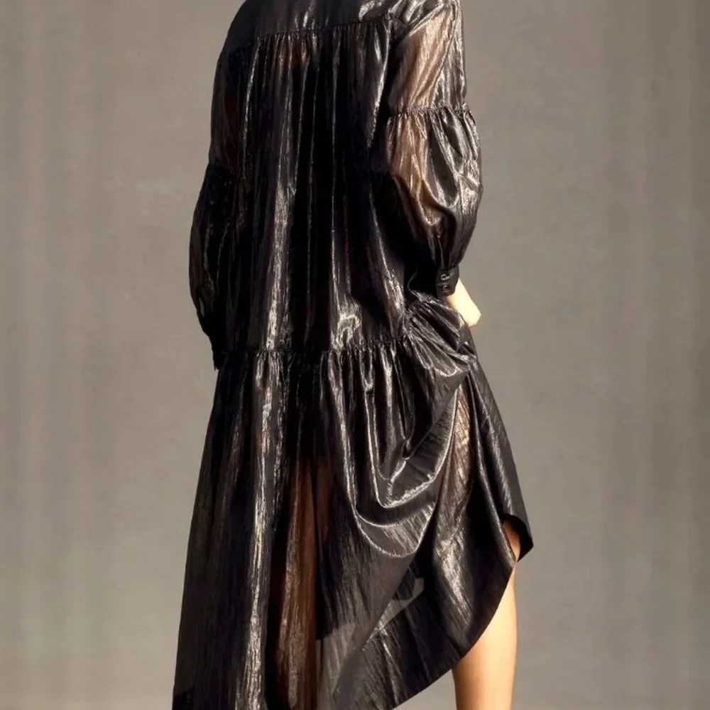 Anthropologie Pilcro Dress V Black Metallic Hi Lo Long Sleeve Midi Maxi - Picture 4 of 9